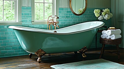 Vintage Green Clawfoot Tub in Rustic Bathroom