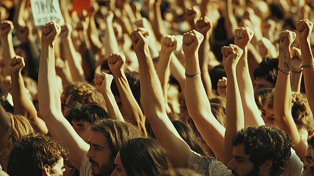A group of diverse individuals raises their fists in solidarity during a protest, with a blurred urban backdrop. - Powered by Adobe