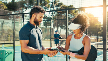 Man, woman and together at tennis court with tablet for sign up with coach, lessons or fitness in summer. People, sports manager and digital touchscreen for recruitment, app and training at club