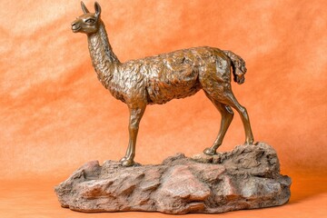 Fototapeta premium Detailed bronze sculpture of a llama on a rocky outcrop.
