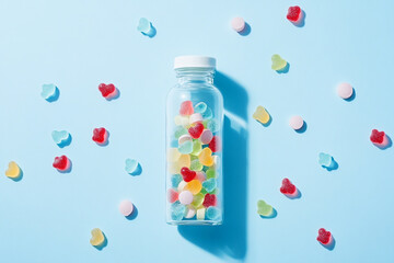Colorful gummy candies and pills in a clear bottle on a blue background