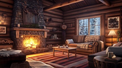 Cozy Cabin Fireplace: Warm Rustic Winter Scene