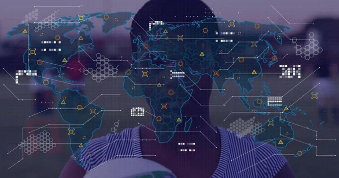 Teenage girl standing facing camera, with holographic map overlay showing tech data analytics icons