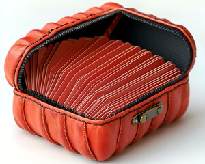 Red leather card holder, open, showing many cards