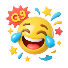 3D laughing emoji with tears of joy, stars, and "G9" comic text in cartoon style on transparent background.
