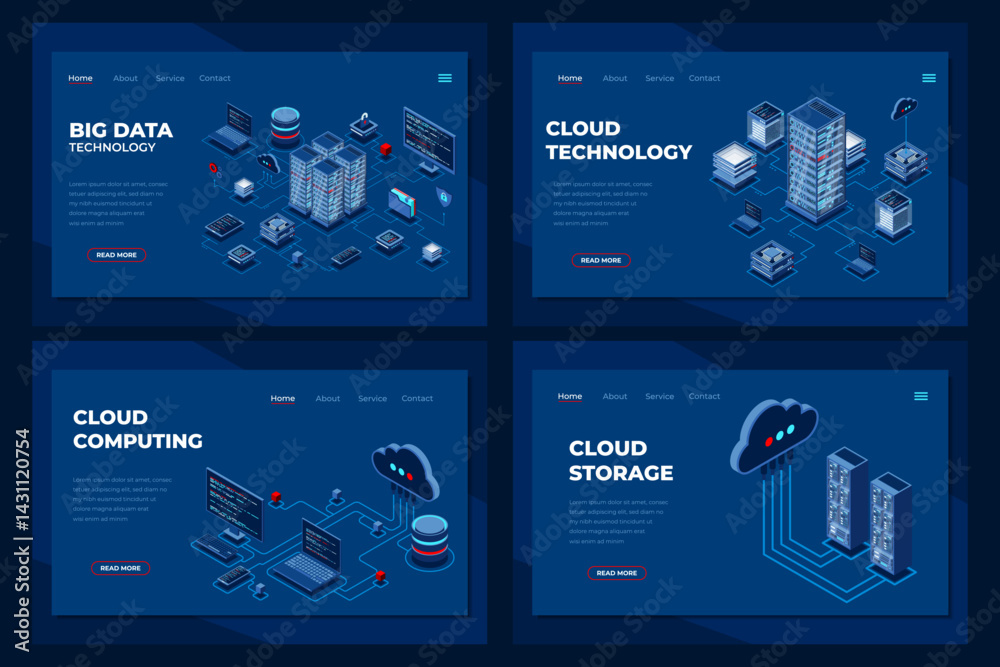 Poster set of isometric landing page template. modern technology concept for cloud computing and big data t