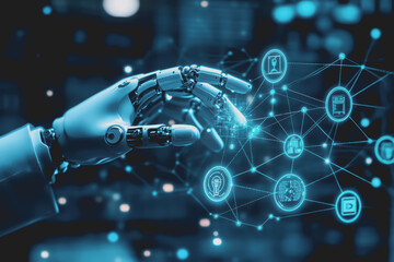 AI robot reaches out to touch digital medical icons on the network.