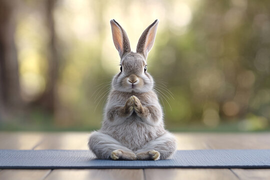 Adorable bunny rabbit practicing yoga outdoors serene nature background