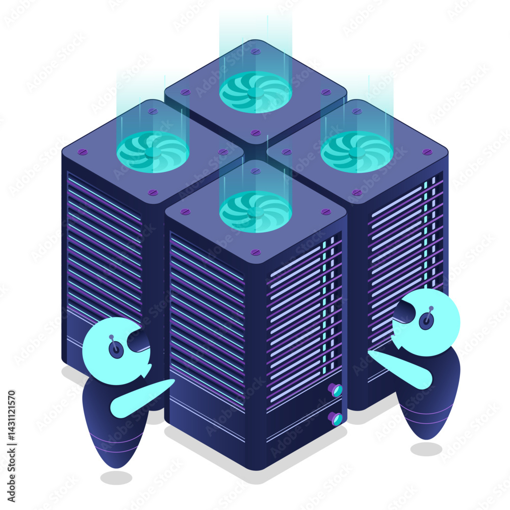 Poster isometric futuristic server. isometric database or data center. abstract blockchain. computer storag