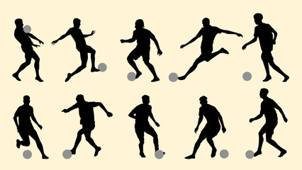 Silhouettes of soccer players performing various actions with a ball on a light background.