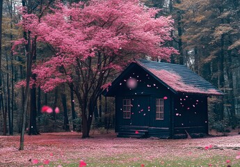 Black wooden house in the woods, pink tree with leaves in the background, pink petals falling from the sky, forest landscape,