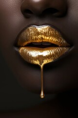 Bold golden lips create striking contrast against deep skin tones in artistic beauty shot