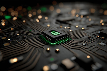 A digital lock icon floating over an intricate circuit board, symbolizing the security of virtual data and cyber protection in a futuristic technology concept.