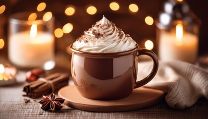 a rich mug of hot chocolate sits on a textured surface topped with fluffy whipped cream and chocolate shavings soft candlelight creates a warm atmosphere perfect for relaxation