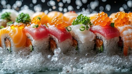 Colorful sushi rolls with various fish and seafood
