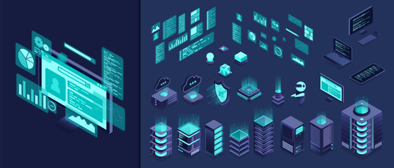 Set of isometric computer technology. Isometric set server equipment. Technology isometric icons. Digital technology items. Isometric technology