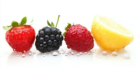 Refreshing lemon and berry assortment with delicate water drops, isolated.