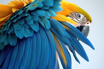 Obraz premium Bright Blue and Yellow Macaw Displays Vibrant Wing Feathers Under Soft Studio Lighting Generative AI