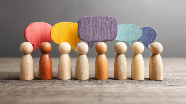 Diverse team with colorful speech bubbles representing communication collaboration and creative discussion in a group setting on a neutral background
