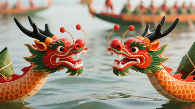 On the Loong Boat Festival, two dragon boat heads decorated with bright colors symbolize the exorcism and disaster avoidance and the commemoration of Qu Yuan.