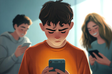Sad Teen Boy Looking at Phone While Others Laugh Behind Him suggesting bullying or social exclusion. Generative AI.