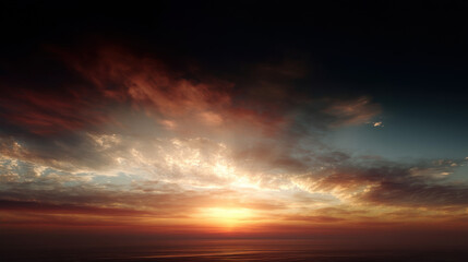 Fototapeta premium Golden sunlight bursts through dramatic clouds above the ocean horizon creating a peaceful and breathtaking view as the sun sets beautifully in the evening sky.