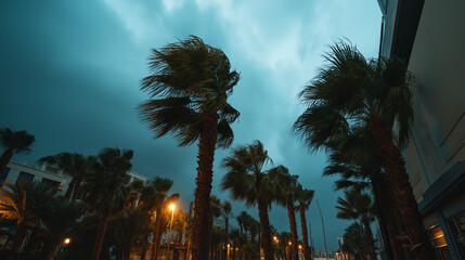 Obraz premium palm tree silhouettes lining a road, twilight sky, vintage film grain effect, cinematic scenery