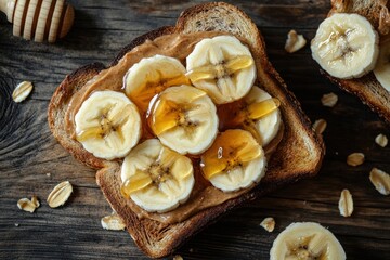 Fototapeta premium Honey-drizzled peanut butter banana toast.