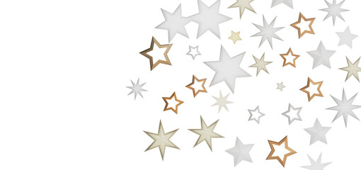 A graphic design of white, gold and brown stars on a black background.