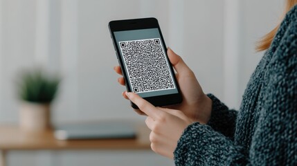Woman Holding Smartphone with QR Code for Marketing Campaign in Modern Office Environment