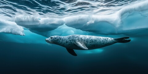 Naklejka premium A sleek leopard seal swimming beneath an iceberg, its streamlined body moving effortlessly