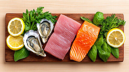 Fresh seafood platter featuring sustainable oysters, salmon, and tuna, garnished with lemon and herbs for vibrant presentation