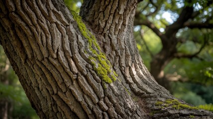 Obraz premium Detailed Close-Up of Textured Tree Bark Showcasing Natural Moss and Sunlight Filtering Through Foliage