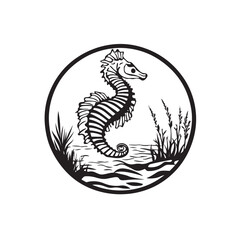 Black and White Seahorse Illustration on Plain Background