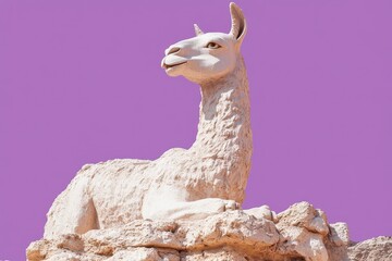Cream-colored llama sculpture resting atop textured rocks against a vibrant backdrop.