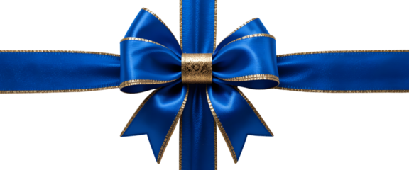 royal blue ribbon, golden trim, festive bow, Christmas decoration, gift wrapping, elegant holiday accessory, crisp detail, studio lighting, white background.