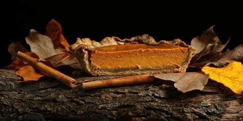 a slice of homemade pumpkin pie with a perfectly spiced filling, surrounded by autumn leaves and a cinnamon stick