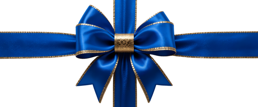 royal blue ribbon, golden trim, festive bow, Christmas decoration, gift wrapping, elegant holiday accessory, crisp detail, studio lighting, white background.