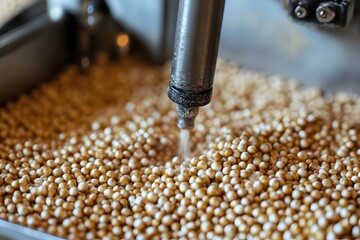 Close-up of sorghum grains being ground in a coffee roaster, showcasing the process and quality control. 