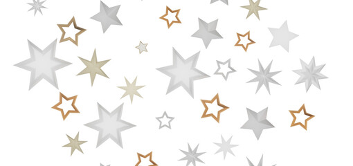 Abstract stars of gold, white and silver, forming a pattern on a black background.