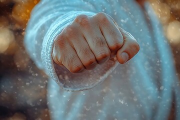 Obraz premium Close-up of a clenched fist in a light-colored martial arts uniform.