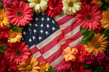 Obraz premium Celebrate freedom with vibrant flowers and the US flag art display
