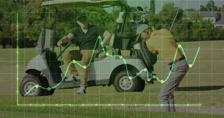 Man swinging golf club on sunny course, showing sports technology with grid overlay and line graph