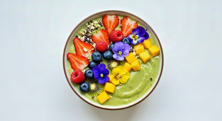 A smoothie bowl topped with fresh fruit and edible flowers