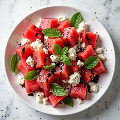 Refreshing watermelon feta salad with mint leaves and a balsamic reduction