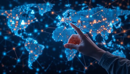 A hand pointing at a digital world map with connecting dots and person icons in a dark blue setting
