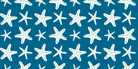 Fototapeta premium Marine seamless pattern with whimsical hand drawn starfishes on blue background. Ideal for backdrop, wallpaper, textile, packaging.