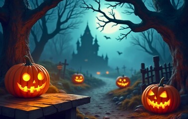 Halloween Pumpkin Head Jack Lantern with Burning Candles in a Spooky Forest – Full Moon Night and Wooden Table Scene with Pumpkins in a Graveyard