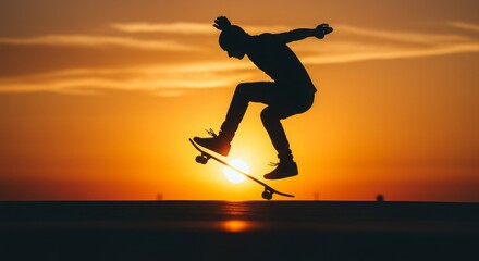 A guy on a skateboard performs a trick against the backdrop of a sunset.