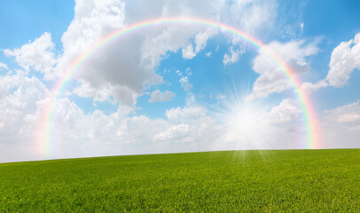 Naklejka premium Beautiful landscape with green grass field amazing rainbow in the background 